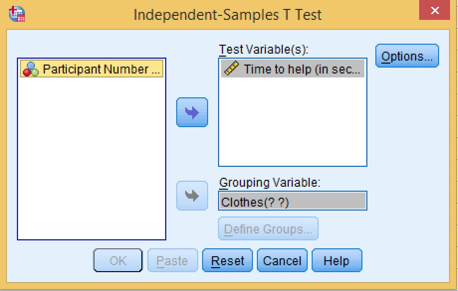 SPSS Independent-Samples T Test dialog with Time to help in the Test Variable(s) box and Clothes in the Grouping Variable box, showing Clothes(? ?) before the groups are defined