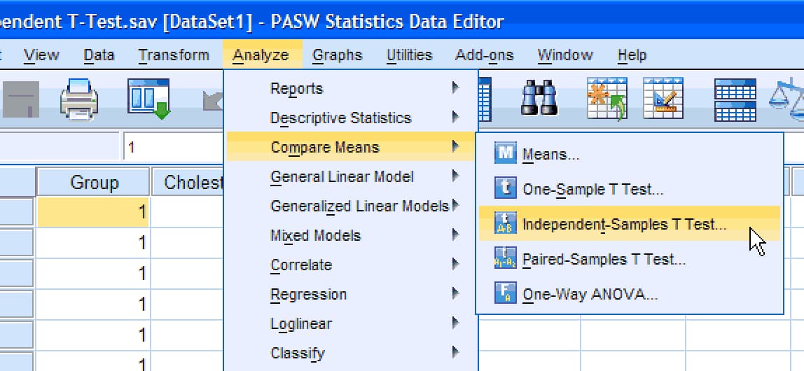 SPSS Analyze menu open at Compare Means with Independent-Samples T Test highlighted