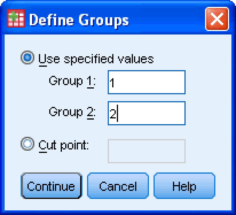 SPSS Define Groups dialog with Use specified values selected, 1 in Group 1 and 2 in Group 2