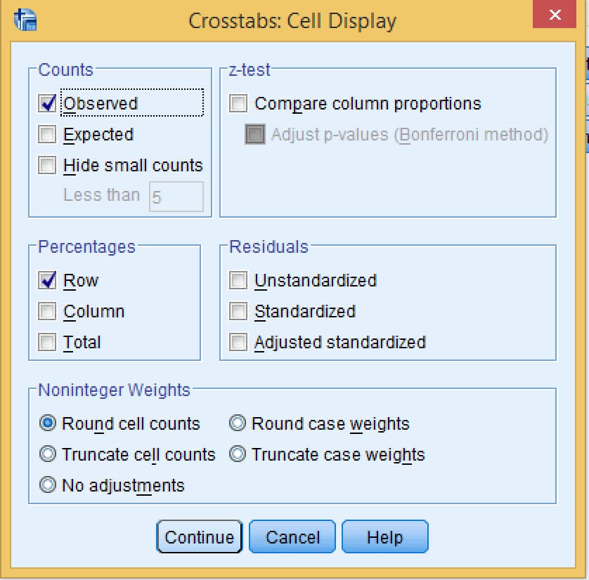 SPSS Crosstabs Cell Display dialog with Observed counts and Row percentages ticked