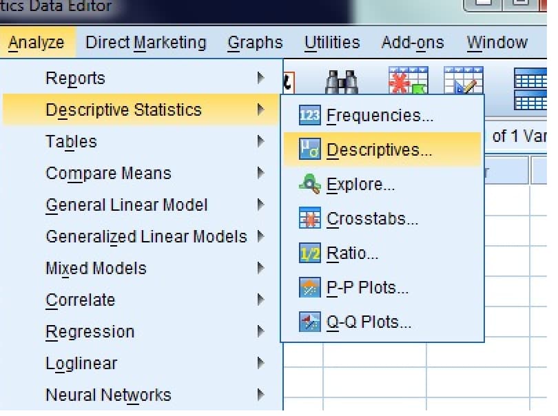 SPSS Analyze menu open at Descriptive Statistics with Descriptives highlighted