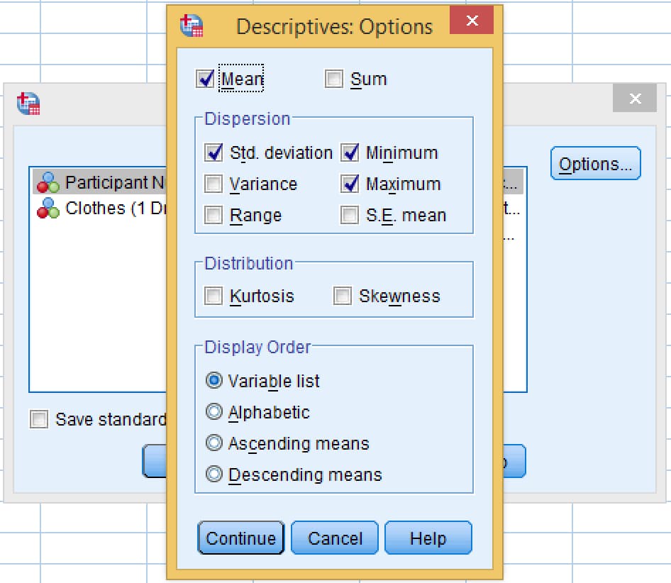 SPSS Descriptives Options dialog with Mean, Std. deviation, Minimum and Maximum ticked