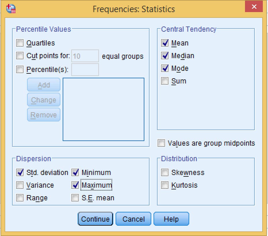 SPSS Frequencies Statistics dialog with Mean, Median and Mode ticked under Central Tendency and Std. deviation, Minimum and Maximum ticked under Dispersion