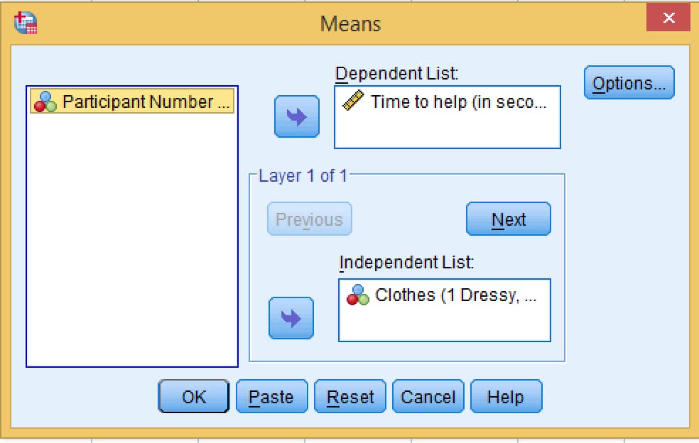 SPSS Means dialog with Time to help in the Dependent List and Clothes in the Independent List