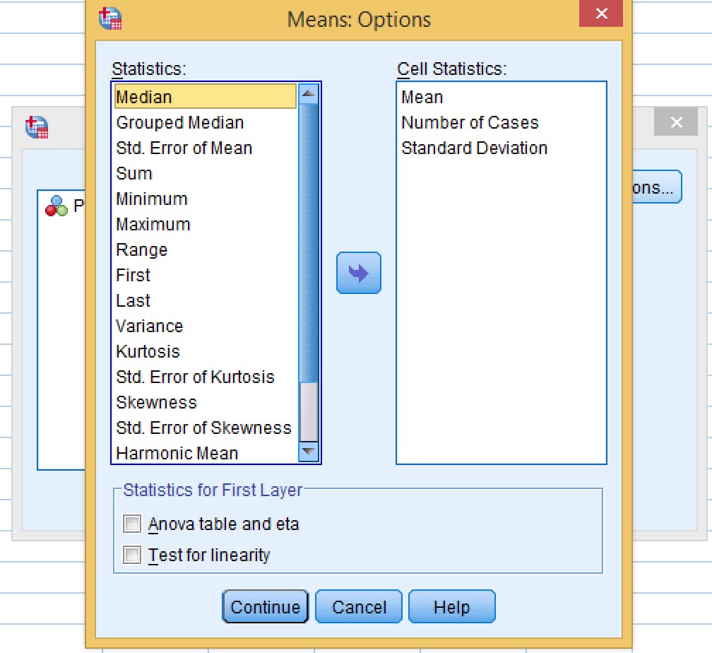 SPSS Means Options dialog with Mean, Number of Cases and Standard Deviation in the Cell Statistics list