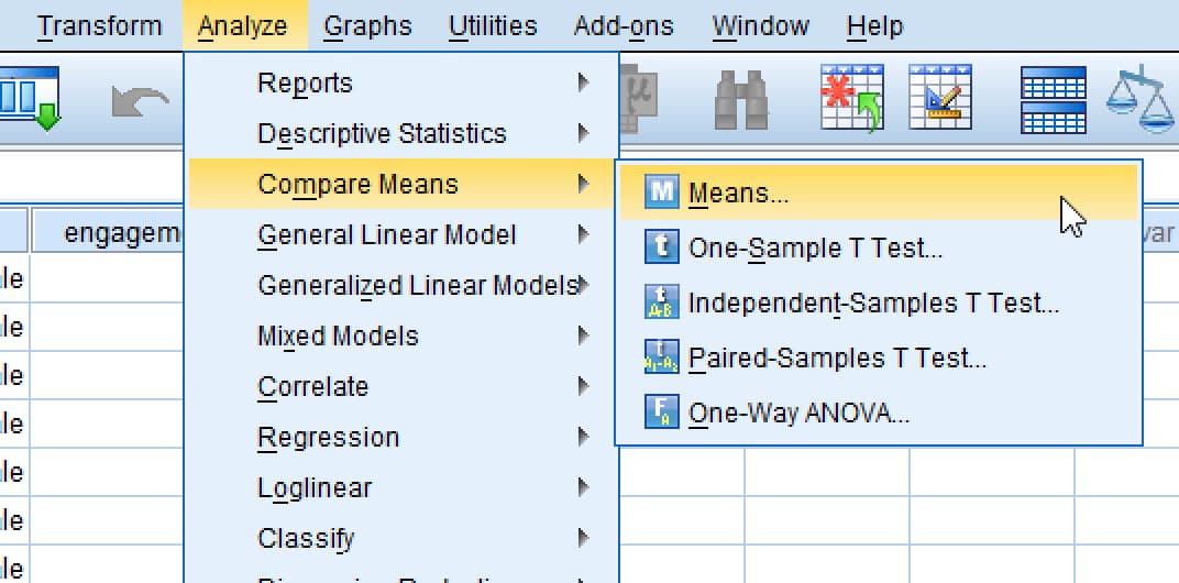 SPSS Analyze menu open at Compare Means with Means highlighted