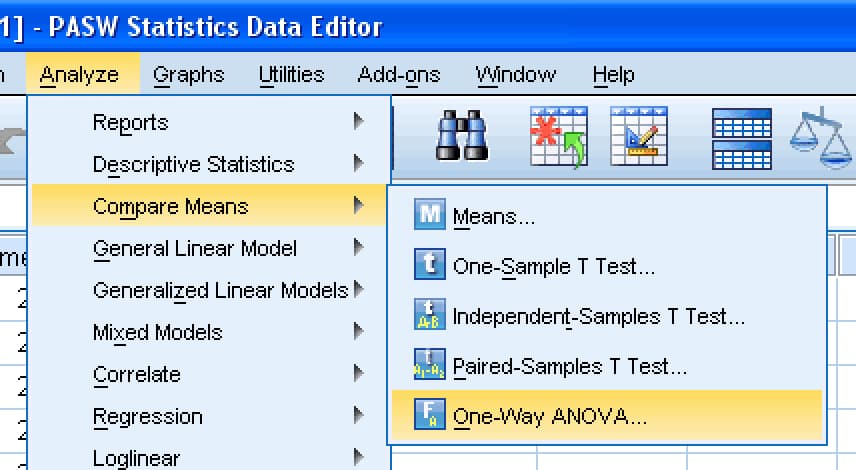 SPSS Analyze menu open at Compare Means with One-Way ANOVA highlighted