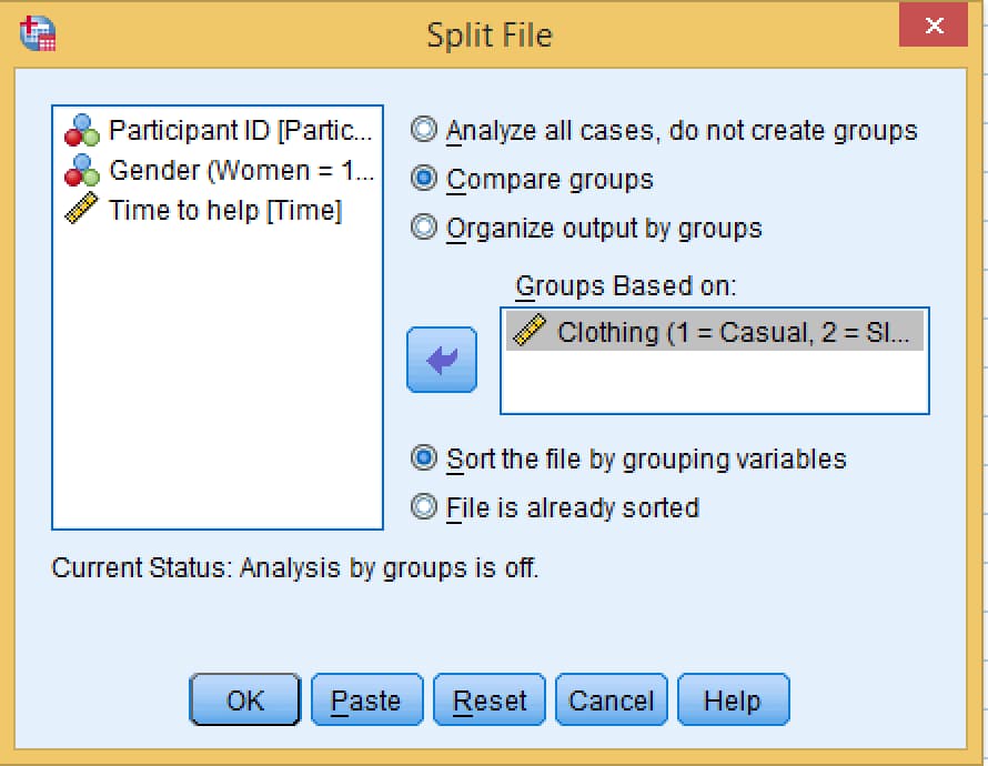 SPSS Split File dialog with Compare groups selected and Clothing in the Groups Based on box