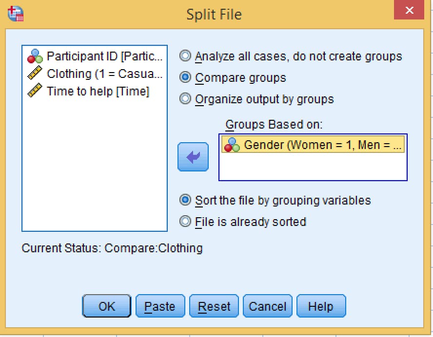 SPSS Split File dialog with Compare groups selected and Gender in the Groups Based on box