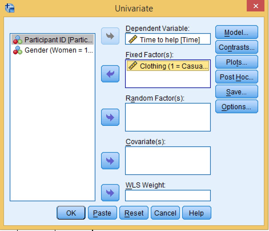 SPSS Univariate dialog with Time to help as the dependent variable and only Clothing in the Fixed Factor(s) box