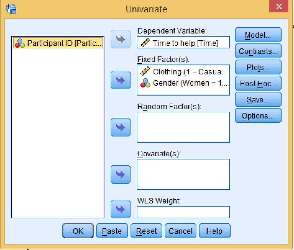 SPSS Univariate dialog with Time to help in the Dependent Variable box and Clothing and Gender in the Fixed Factor(s) box
