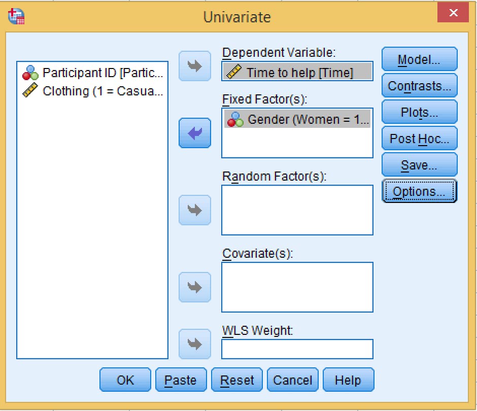 SPSS Univariate dialog with Time to help as the dependent variable and only Gender in the Fixed Factor(s) box