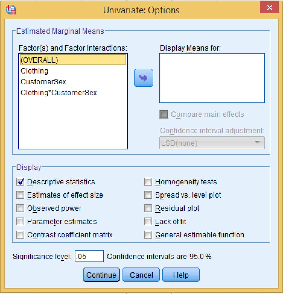 SPSS Univariate Options dialog with the Descriptive statistics box ticked under Display